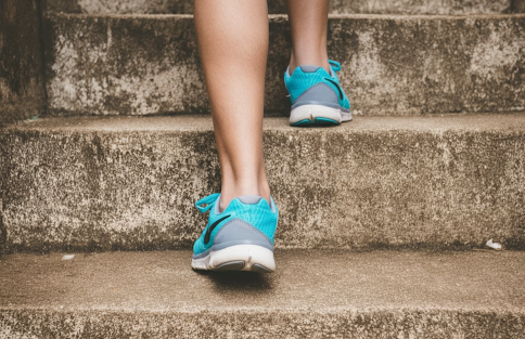 Close-up of a person wearing turquoise athletic shoes walking up concrete steps.